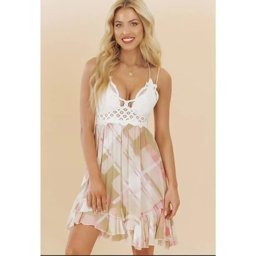 FP Intimately Free People Adella Mini Slip Dress Sz Large Pink Plaid Ruffle $98 - Picture 15 of 16